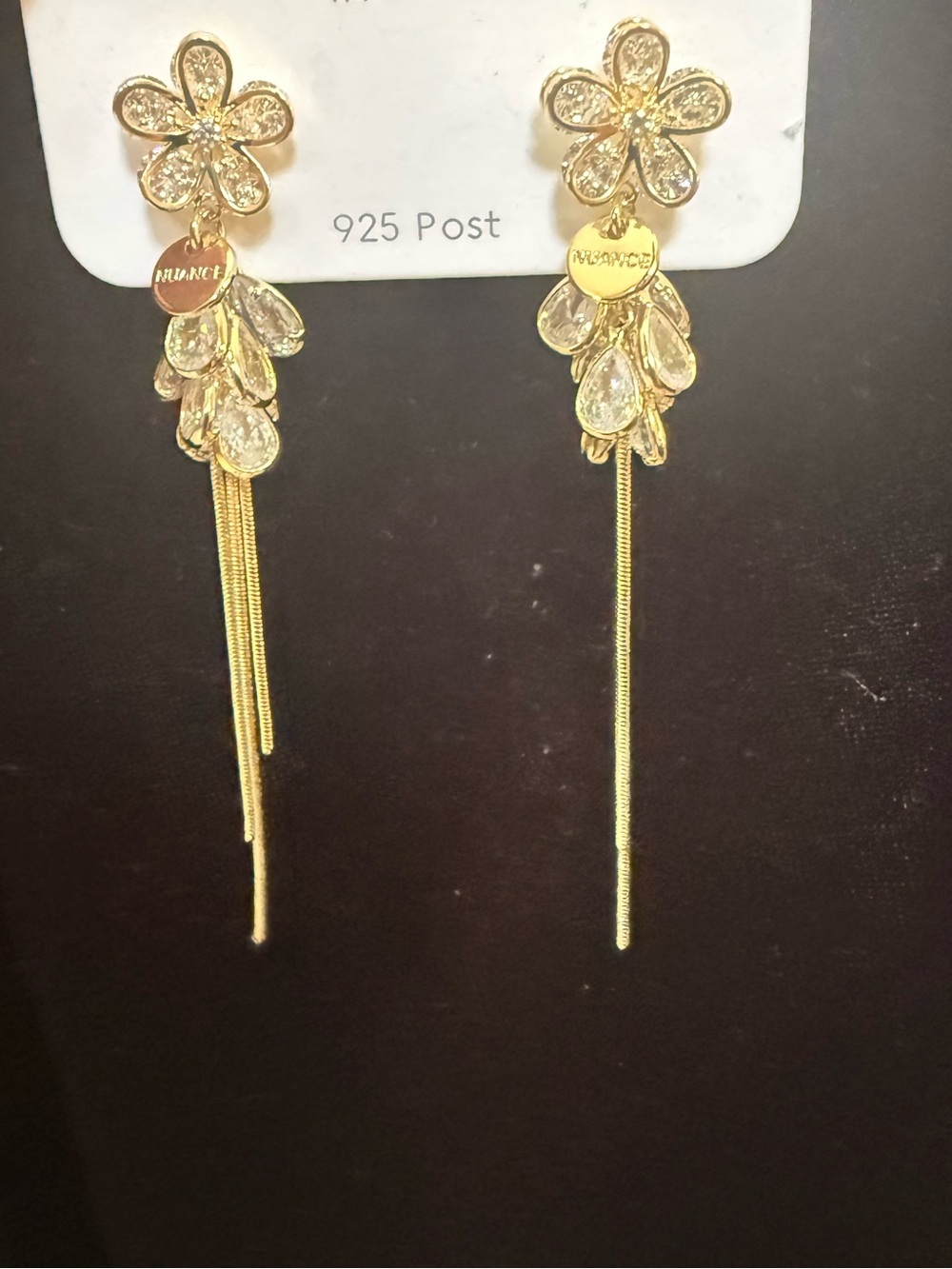 Gold Floral Drop Earrings with Crystal Petal Accents and Chain Tassels